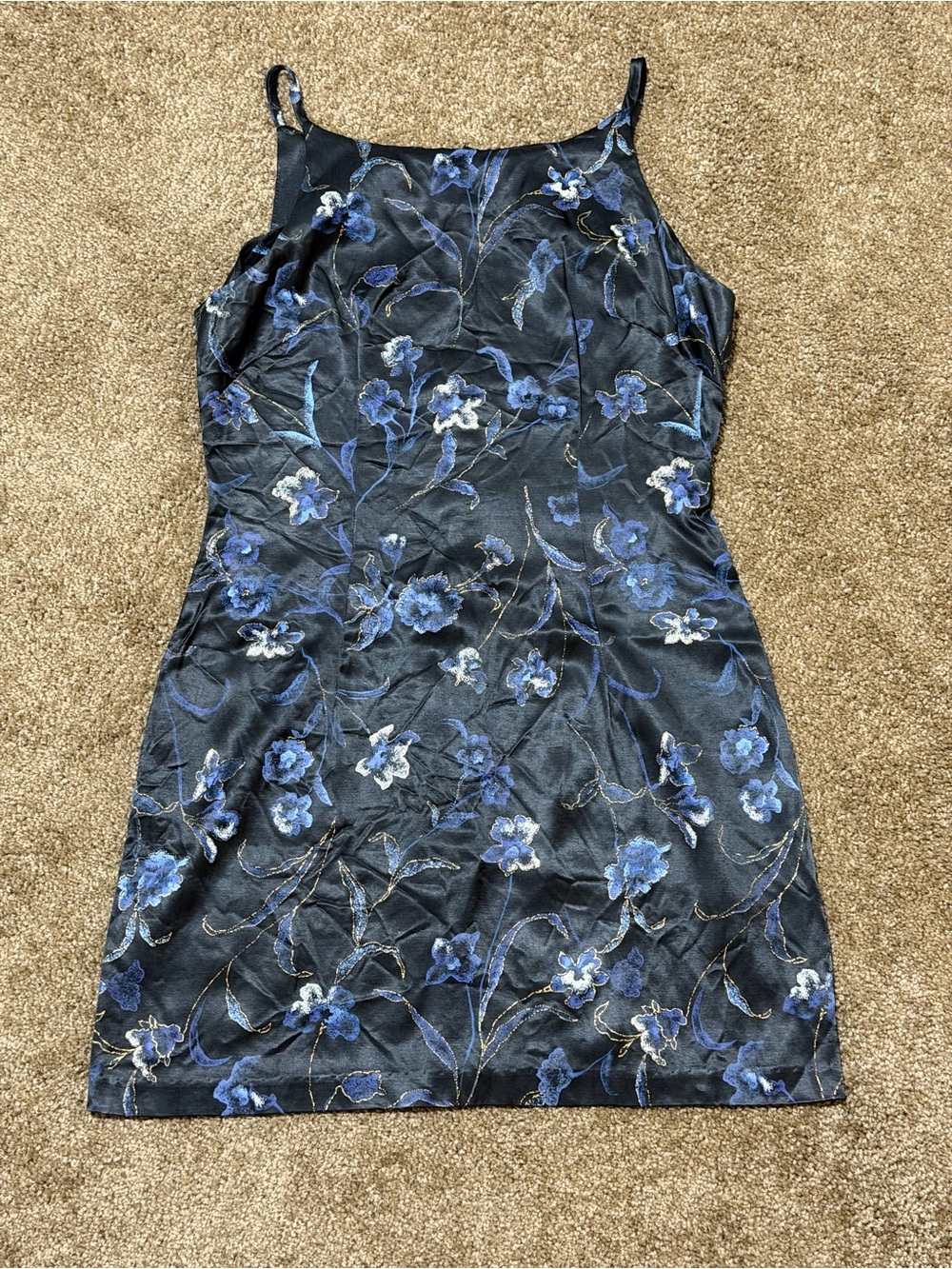 All That Jazz Black Satin Floral Slip Dress with Blue Embroidery